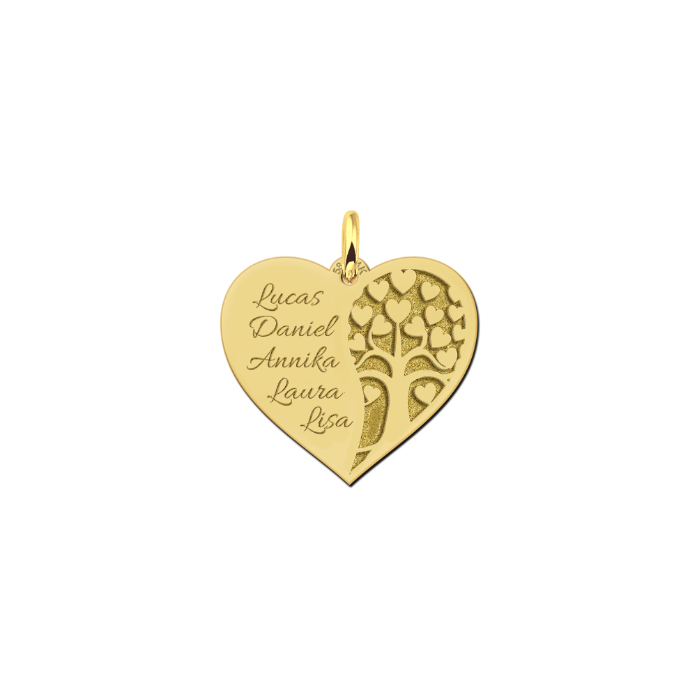 Gold plated family necklace heart shape with tree of life and names