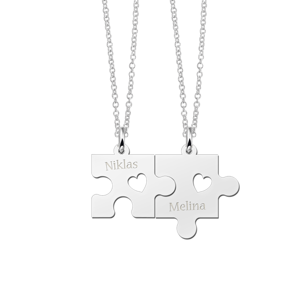 Silver Friendshipnecklace Puzzle Pieces with Hearts