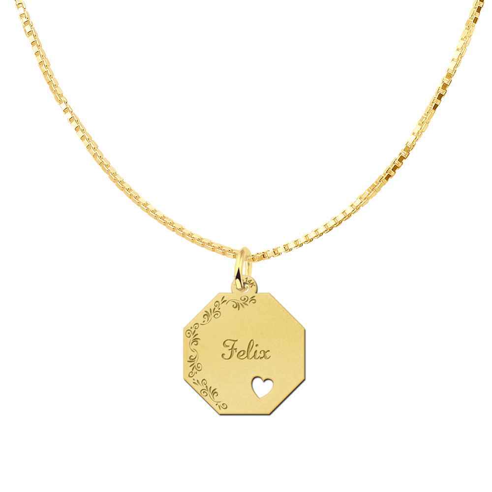Solid Gold Necklace with Name, Flowers and Small Heart