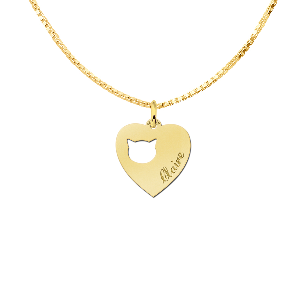 Engraved Gold Heart Necklace, Cats Head with Name