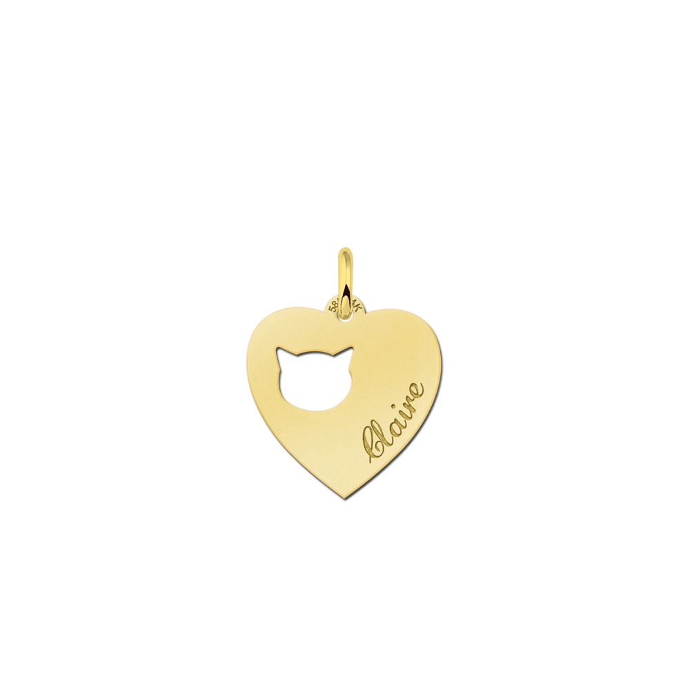 Engraved Gold Heart Necklace, Cats Head with Name