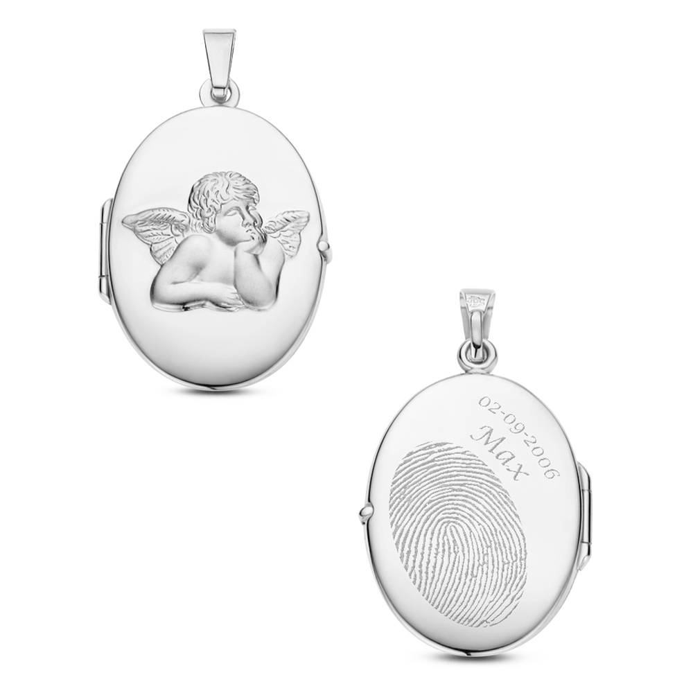 Silver medallion oval with a guardian angel