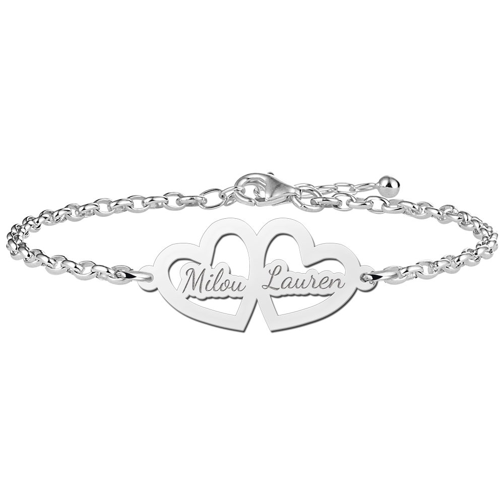 Silver bracelet with two hearts and engraving