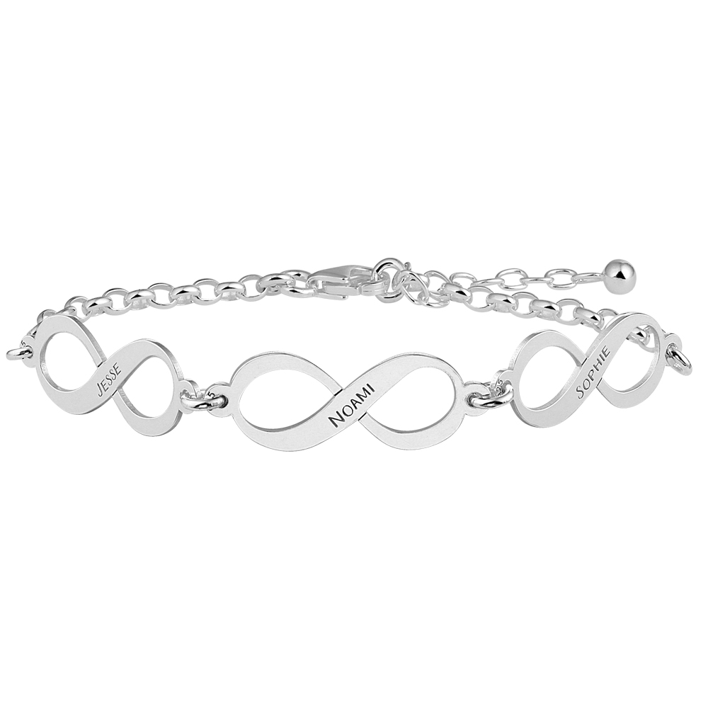 Silver infinity bracelet with 3 names