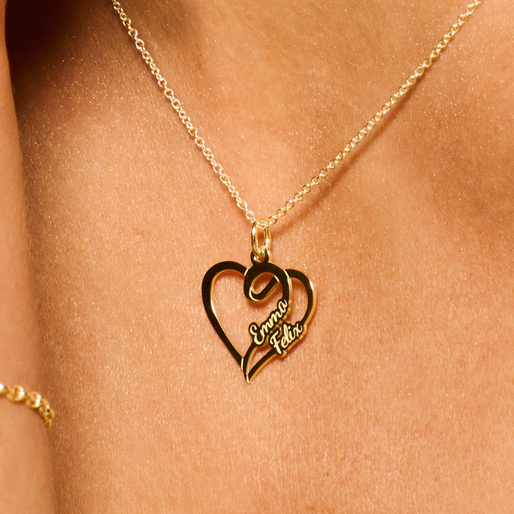 Gold heart shaped pendant for two names small