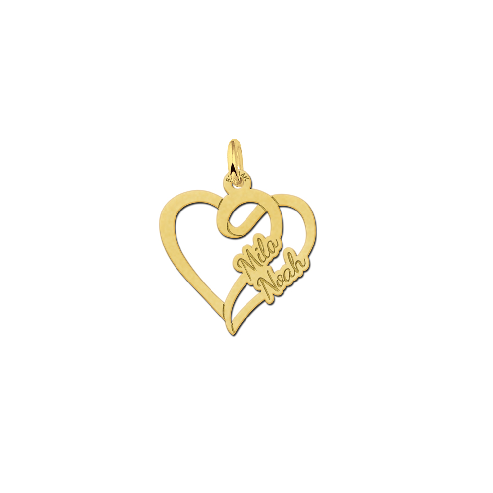 Gold heart shaped pendant for two names small