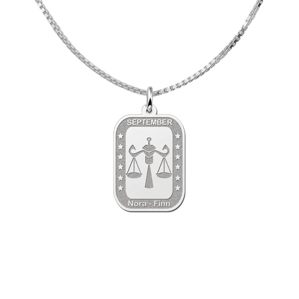Silver Rectangular Zodiac Pendant Libra with Name Engraving