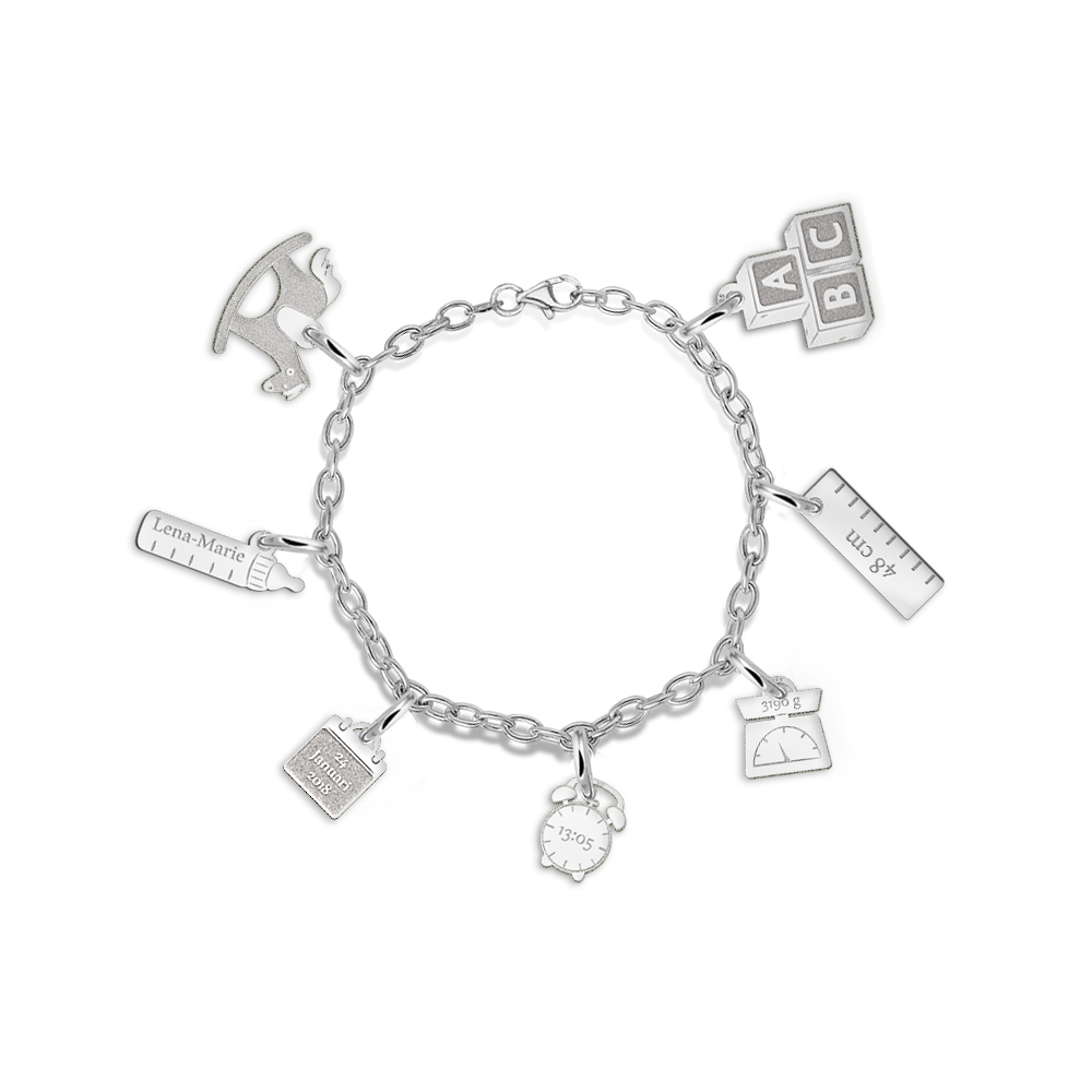 Silver charm bracelet with seven birth charms