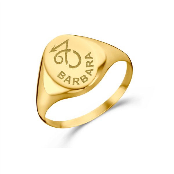 Gold signet ring oval with zodiac sign and name engraving