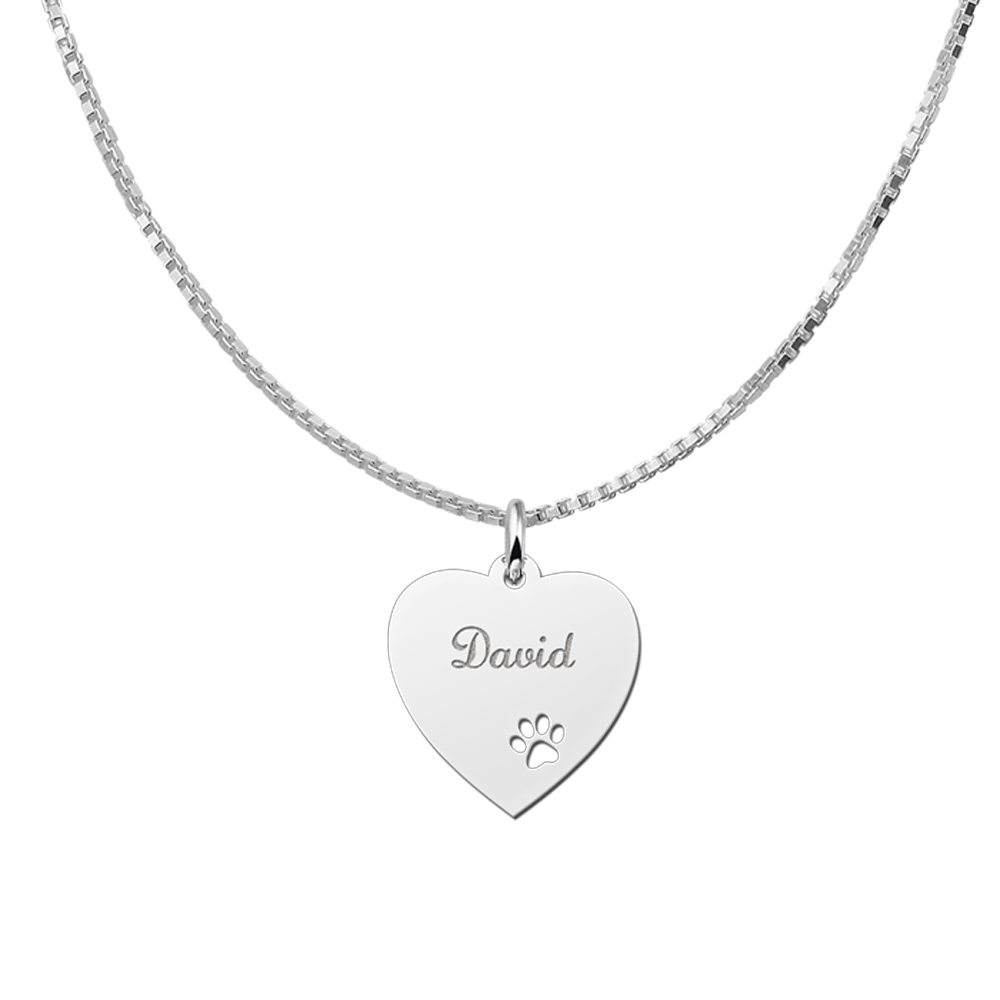 Engraved Silver Heart Necklace with Dog Paw