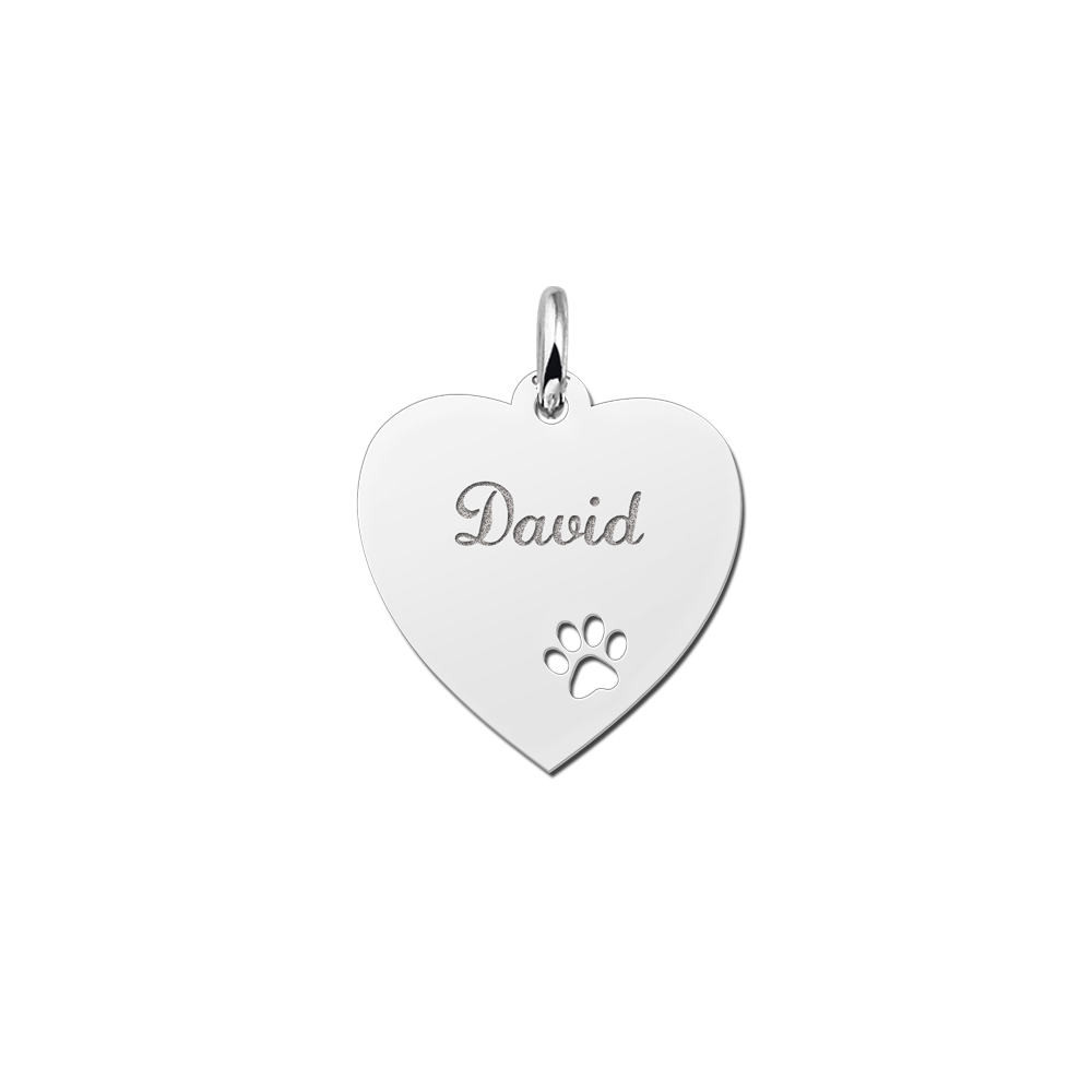 Engraved Silver Heart Necklace with Dog Paw