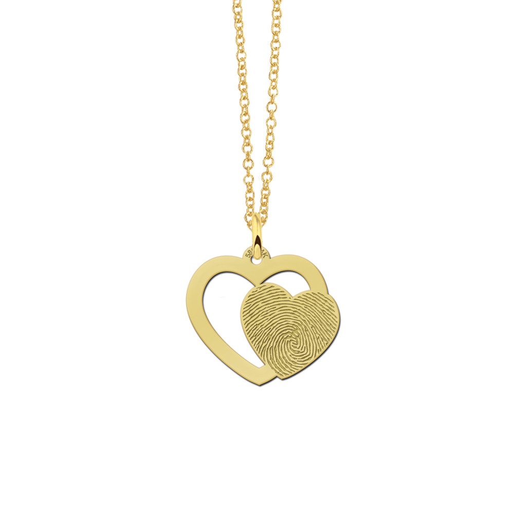 14k gold double heart pendant with fingerprint