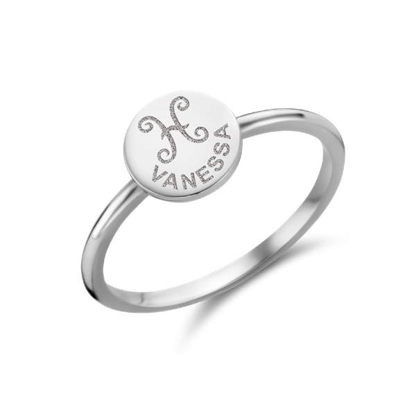 Silver signet ring disc  with zodiac sign and name engraving