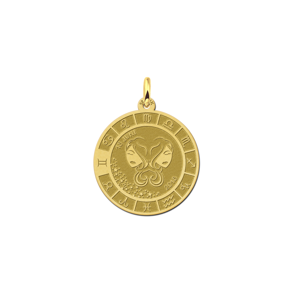 Gold round pendant zodiac gemini