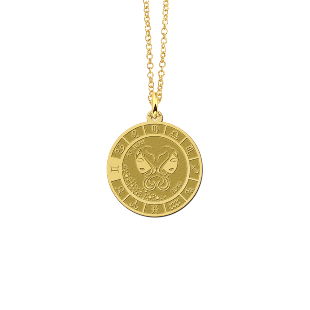 Gold round pendant zodiac gemini