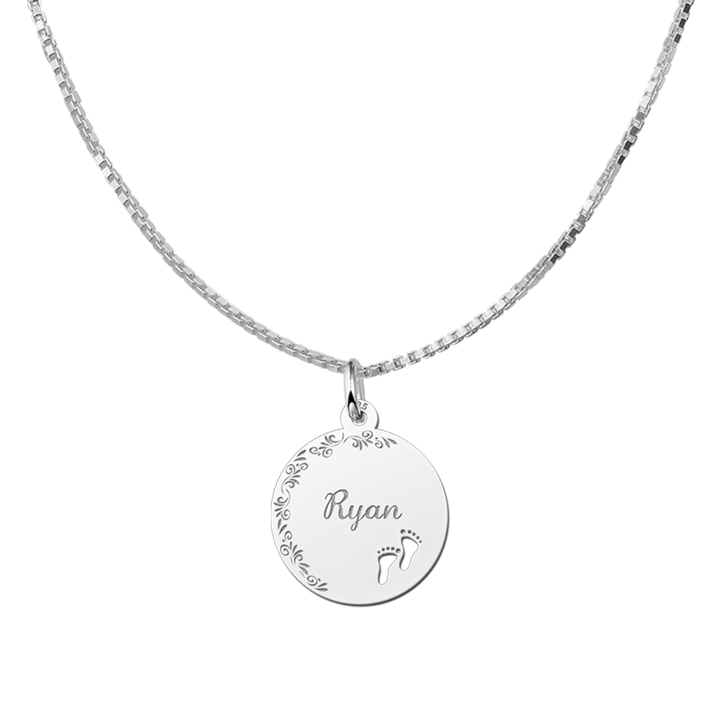 Silver Disc Necklace with Name, Flowers and Baby Feet