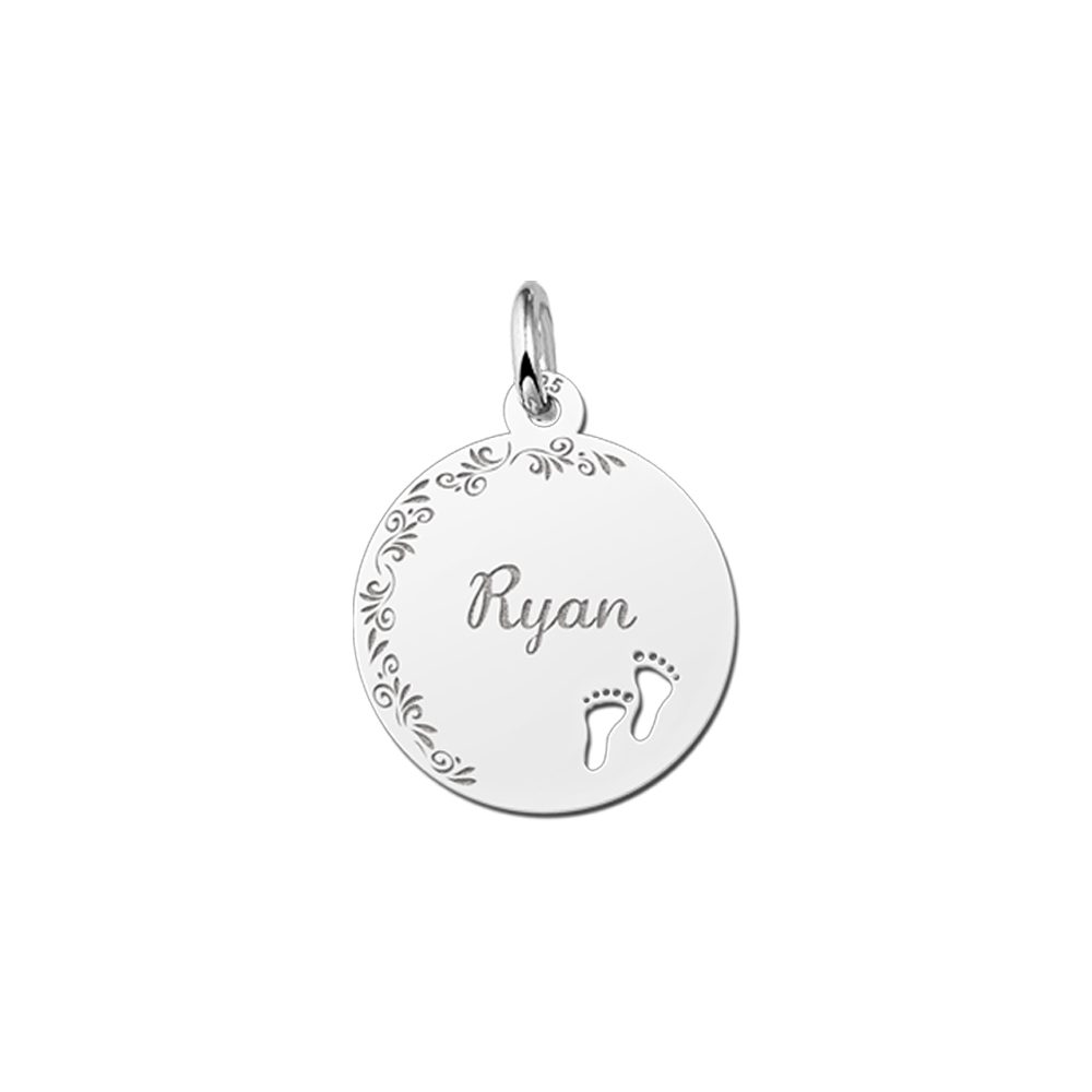 Silver Disc Necklace with Name, Flowers and Baby Feet