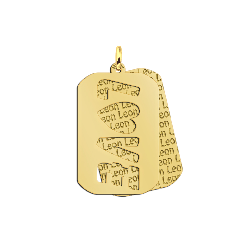 Gold dog tag pendant with double plate, engraved name pattern and cut-out LOVE