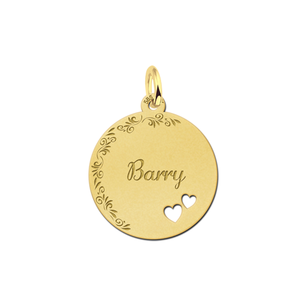 Golden Disc Necklace with Name, Flower Border and Two Hearts