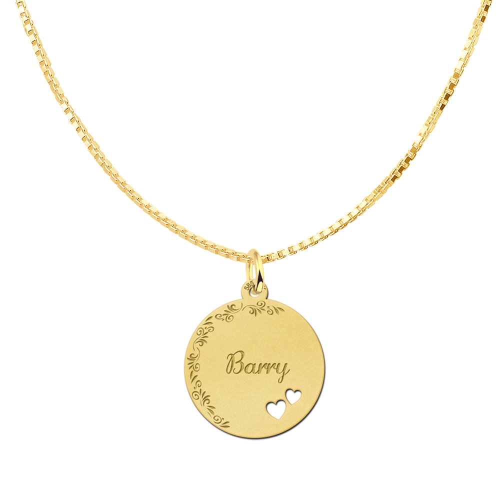 Golden Disc Necklace with Name, Flower Border and Two Hearts