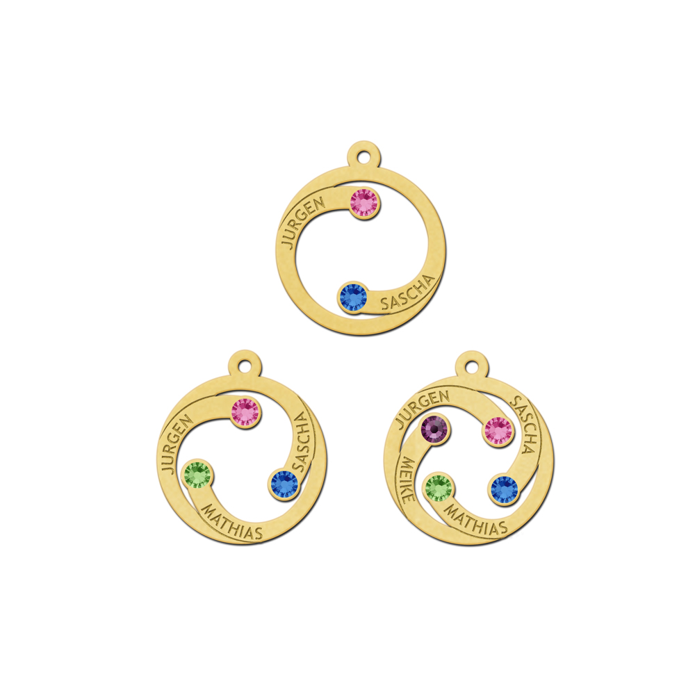 Gold round pendant with names and birthstones