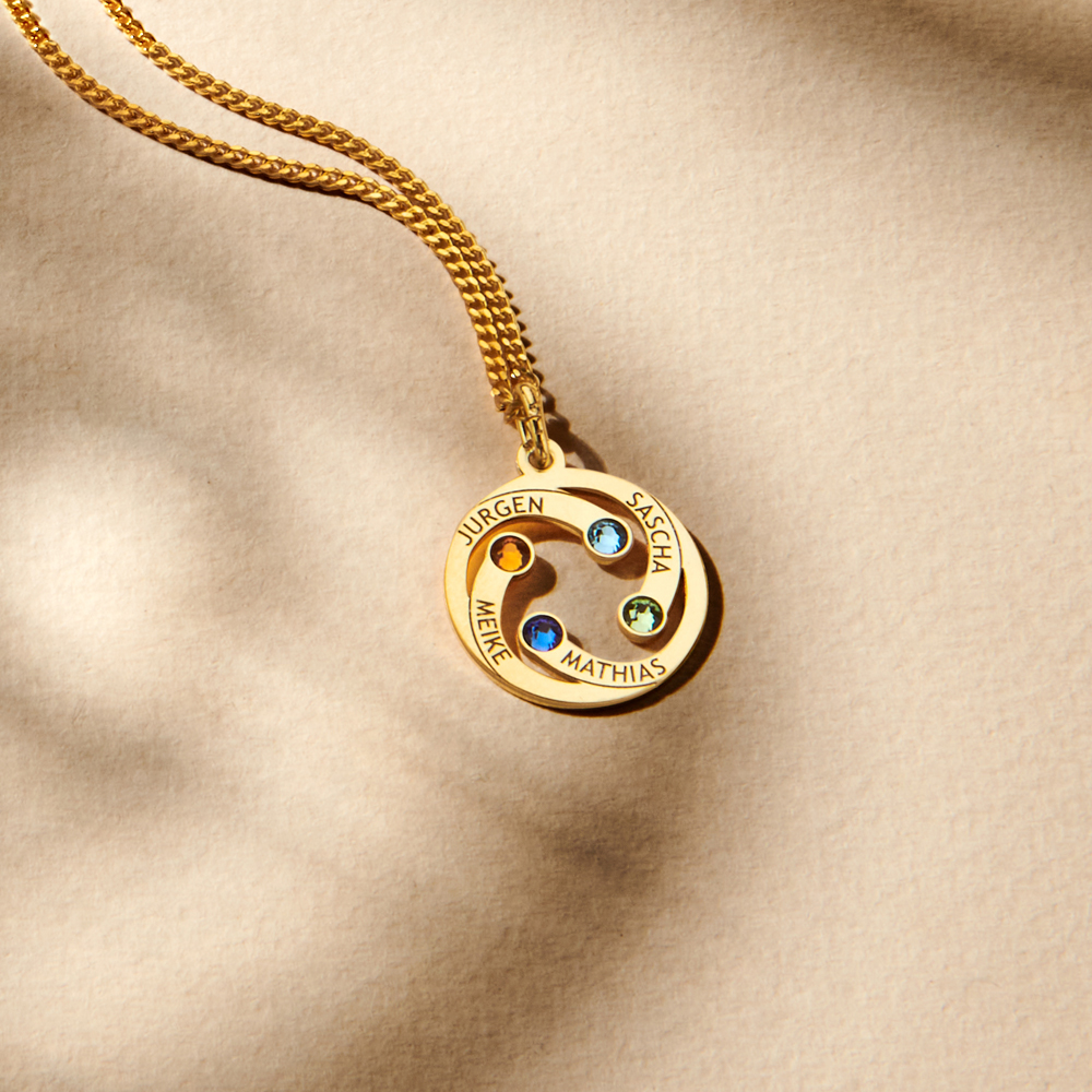 Gold round pendant with names and birthstones