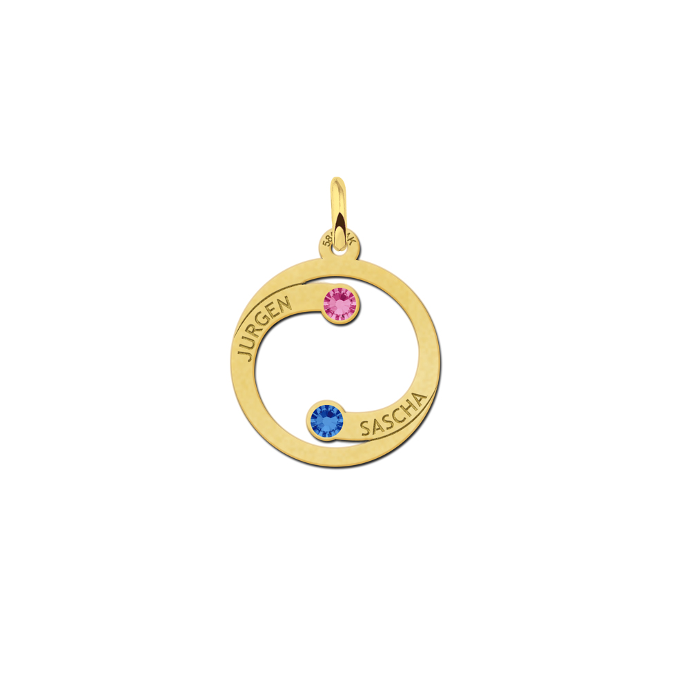Gold round pendant with names and birthstones
