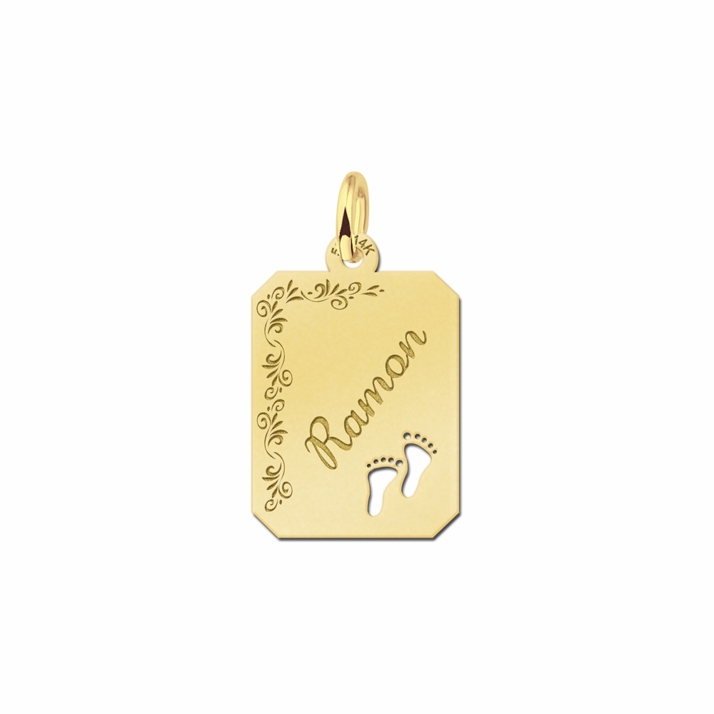 Gold Nametag Personalised with Name, Flowerborder and Babyfeet