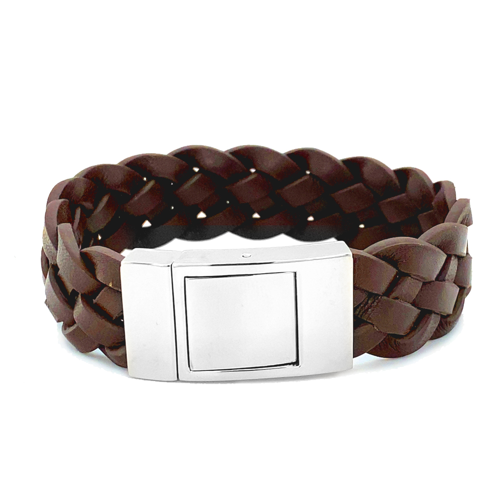Men's braided brown leather Bracelet with Engraving