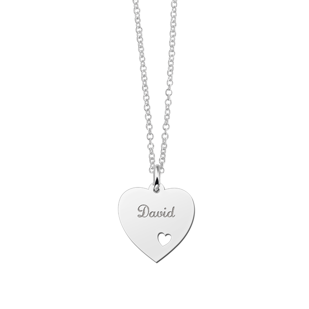 Silver Heart Necklace with Name and Small Heart