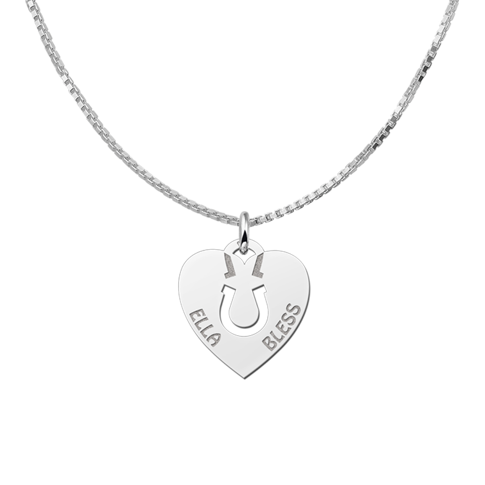 Silver pet namependant heart horseshoe