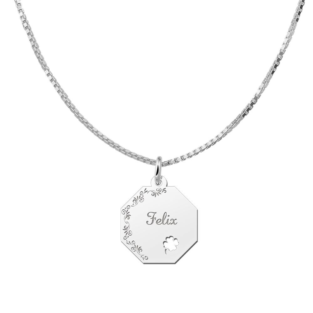 Solid Silver Necklace with Name, Flowers and Four Leaf Clover