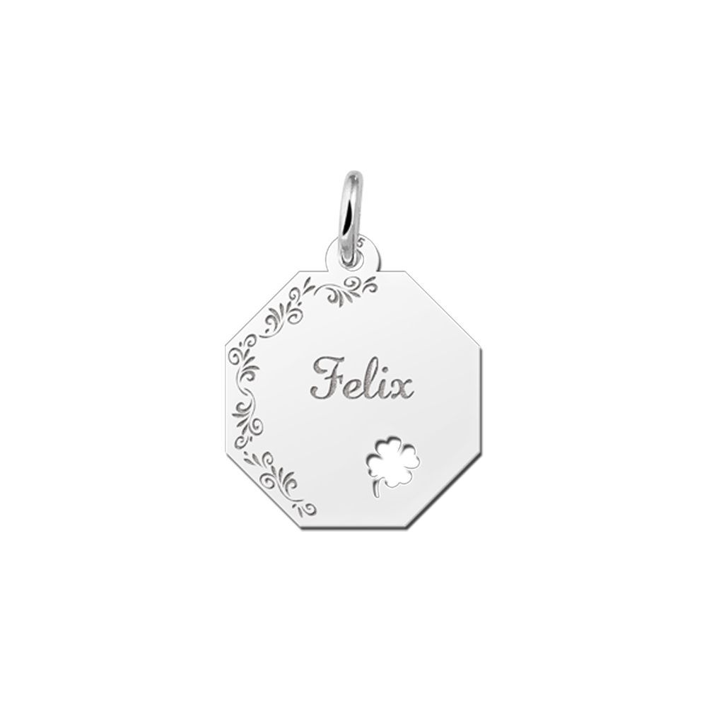 Solid Silver Necklace with Name, Flowers and Four Leaf Clover