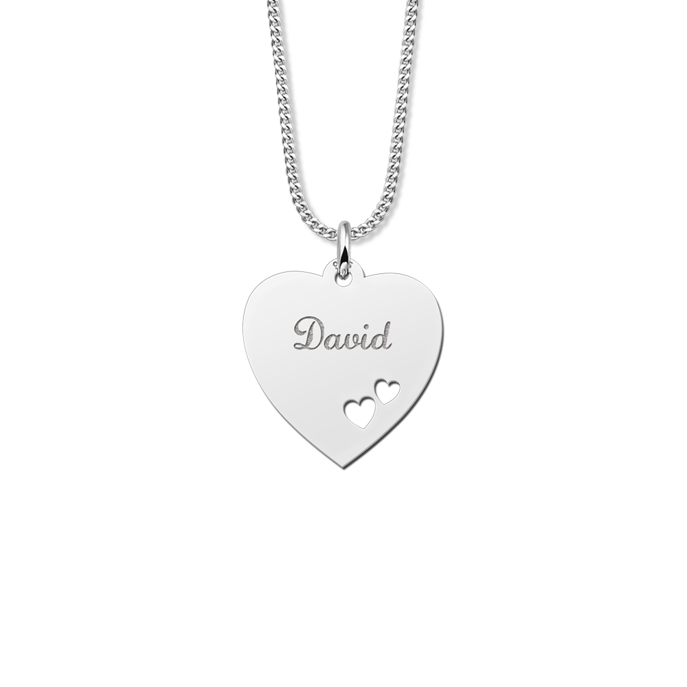 Silver heart pendant with name and double hearts