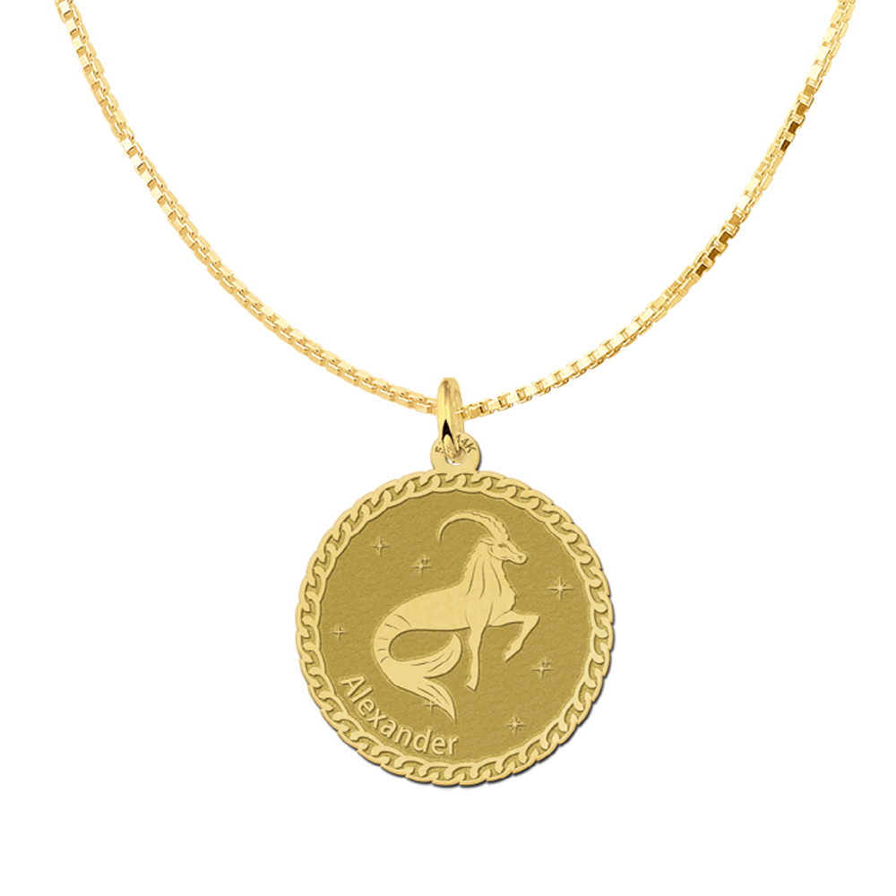 Golden round zodiac pendant Capricorn