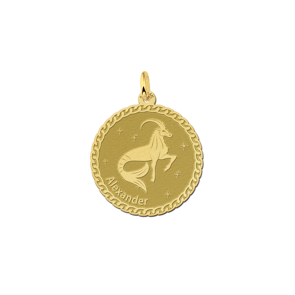 Golden round zodiac pendant Capricorn