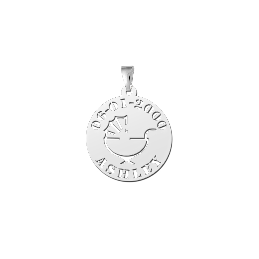 Silver Round Pendant Pram with Name and Date