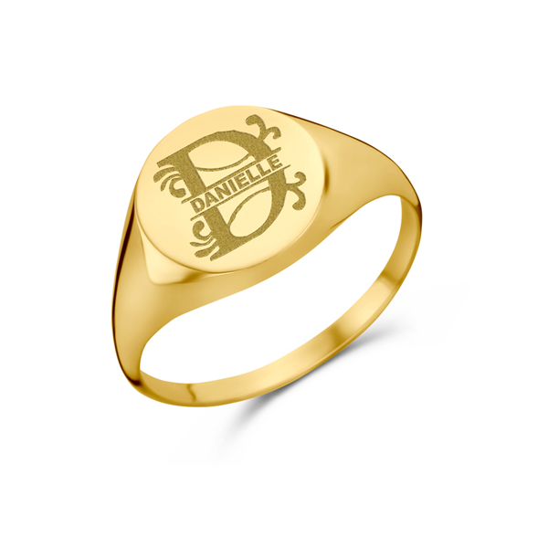 Round gold signet ring with an initial an a name