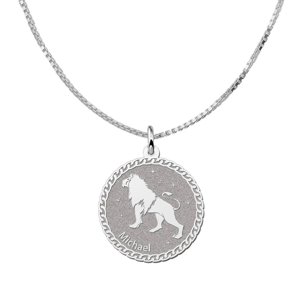 Silver Round Zodiac Pendant Leo with Name Engraving