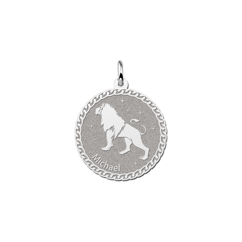 Silver Round Zodiac Pendant Leo with Name Engraving
