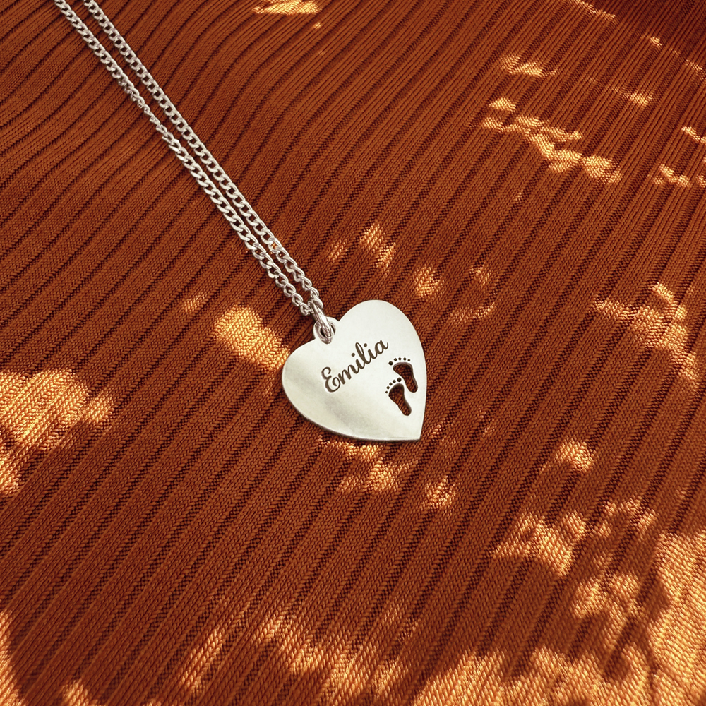 Silver Engraved Heart Necklace with Feet