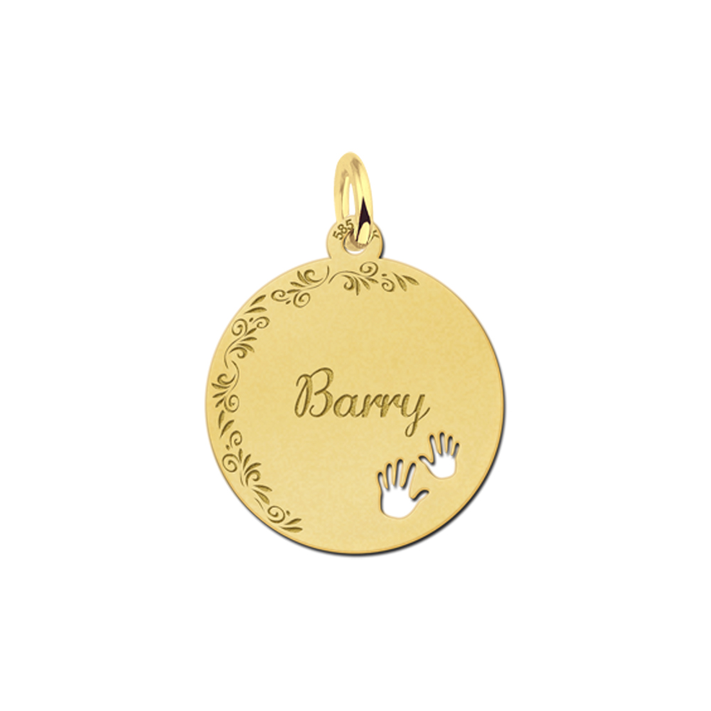 Gold Disc Necklace with Flowerborder and Cute Hands