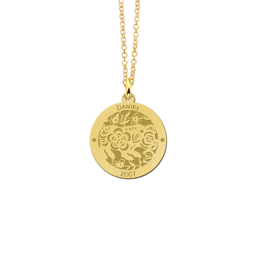 Gold round chinese zodiac pendant pig