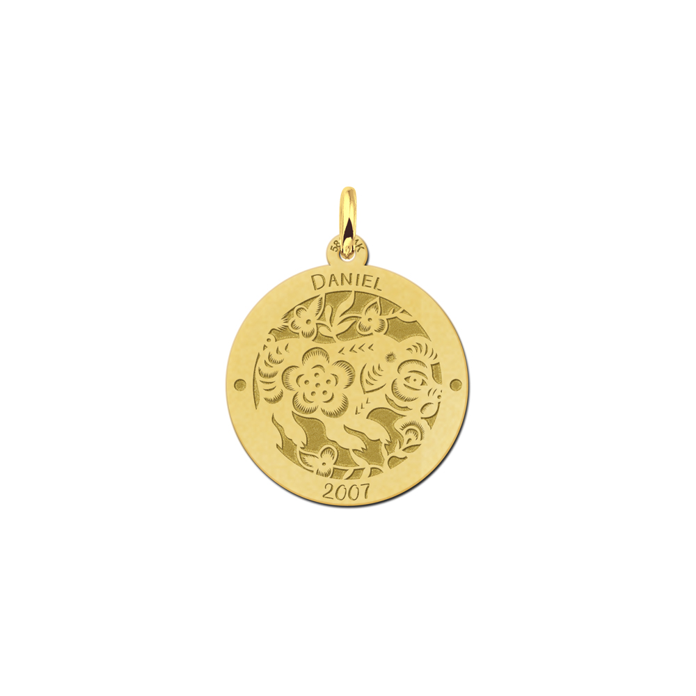 Gold round chinese zodiac pendant pig