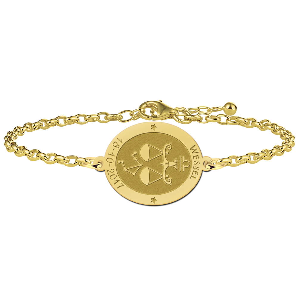 Gold Plated Oval Libra Zodiac Bracelet with Name and Date