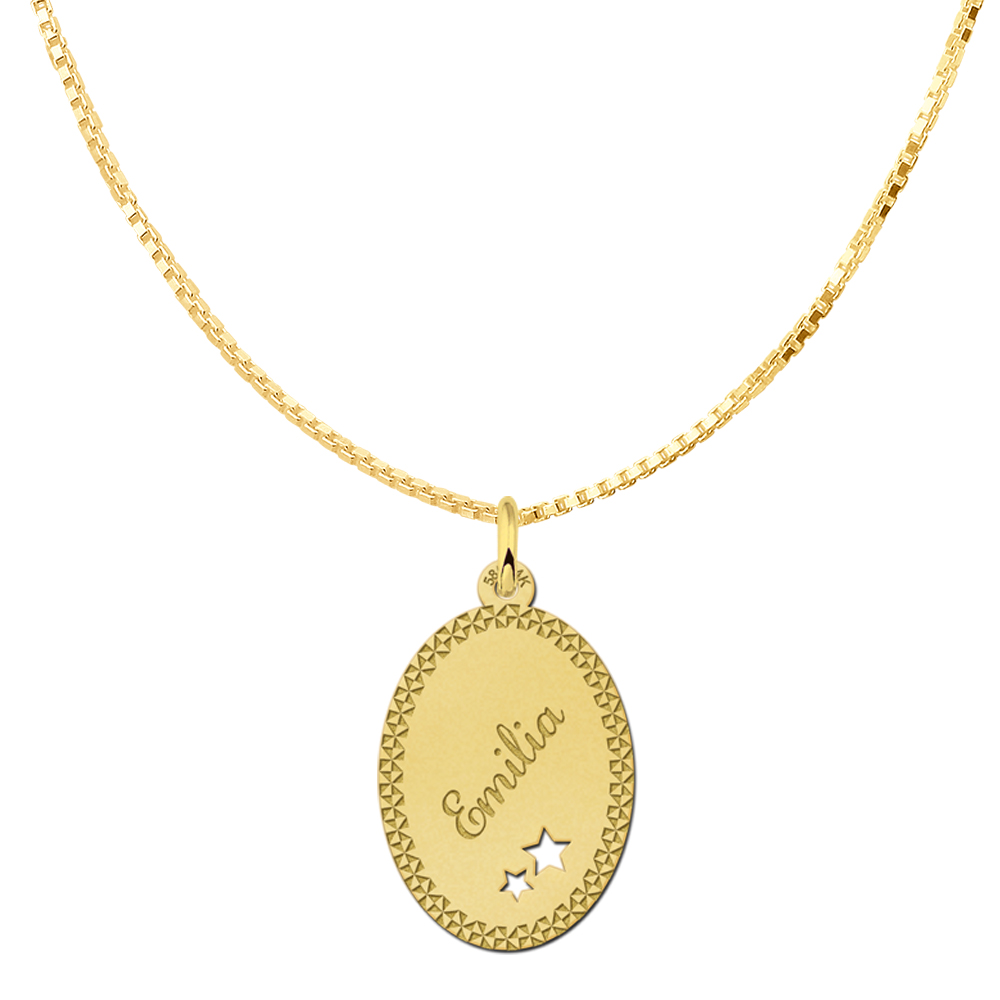 Golden Oval Pendant with Name, Border and Stars Large