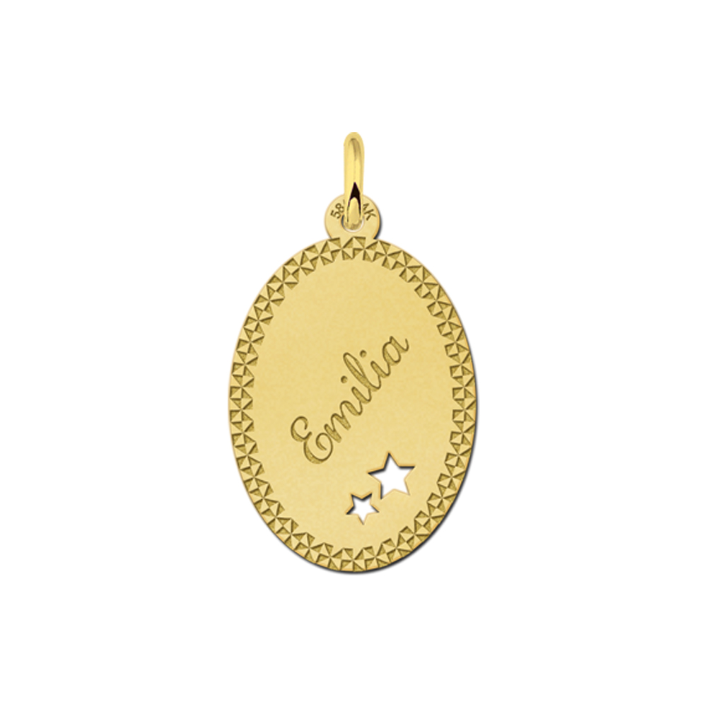 Golden Oval Pendant with Name, Border and Stars Large