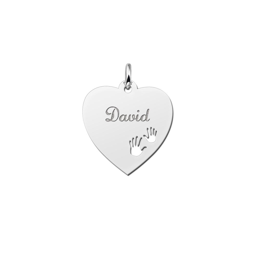 Silver Engraved Heart Necklace with Hands