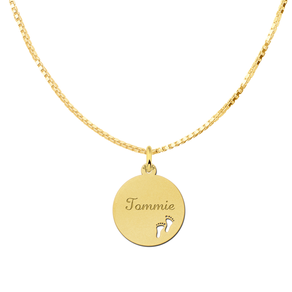 Gold Disc Necklace with Name and Feet