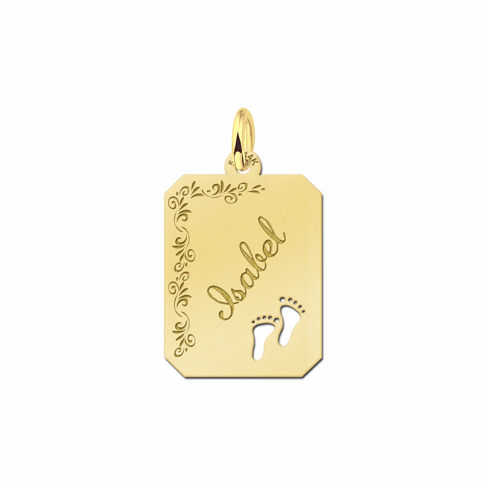 gold engraved rectangle16 nametag flower design feet